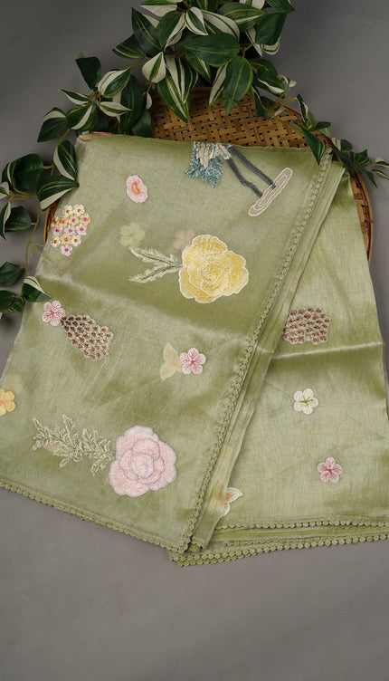 Tissue Organza Embossed Work Lace Border - Pista Green