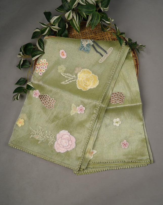 Tissue Organza Embossed Work Lace Border - Pista Green