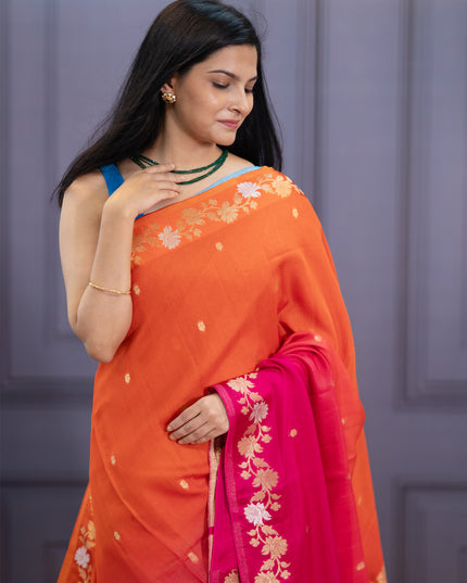 Satin Kota  Golden Zari weaving Buttis  with Banaras Border -Magenta