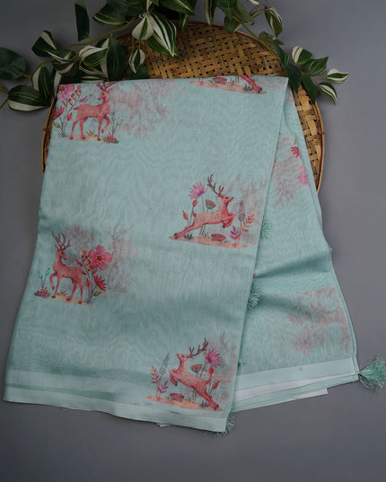 Linen Silk With Printed Butties - Mint Green