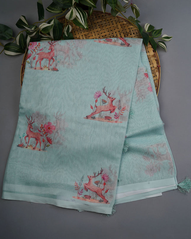 Linen Silk With Printed Butties - Mint Green