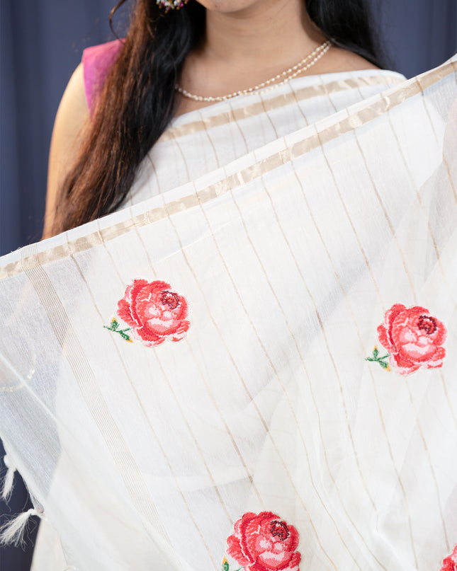 Soft Chanderi Silk Saree With  Thread Embroidery Butties - White