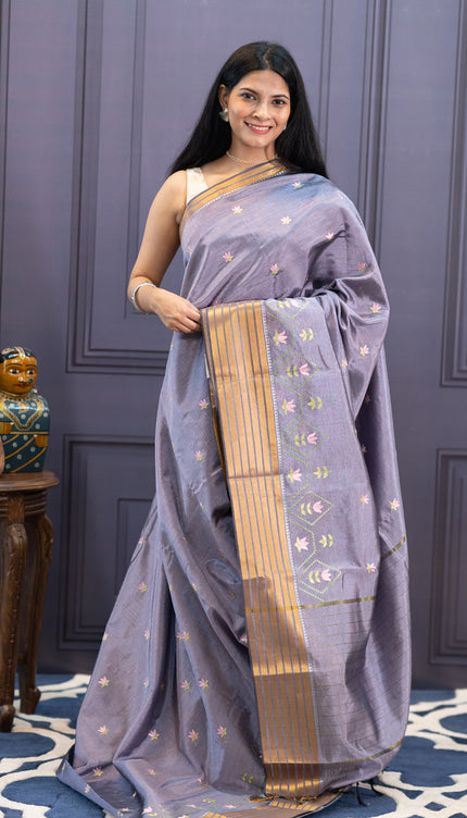 Managalagiri Silk With Embroidery & Golden Border - Grey