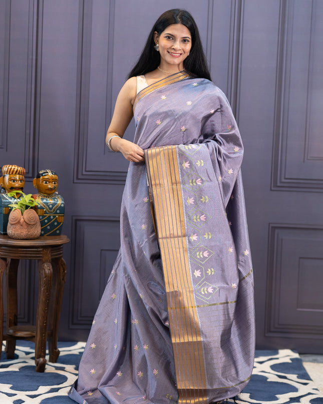 Managalagiri Silk With Embroidery & Golden Border - Grey