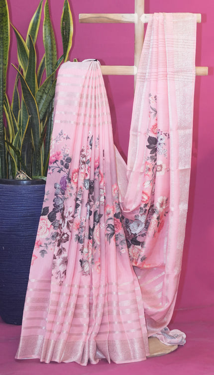 Munga silk Saree with Centre print horizontal Zari lines - Peach