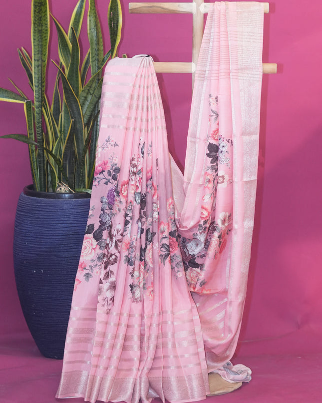 Munga silk Saree with Centre print horizontal Zari lines - Peach