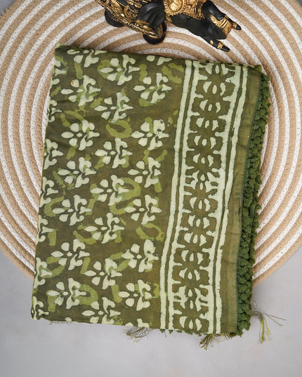 Cotton saree with block print and lace border  - Mehendi Green