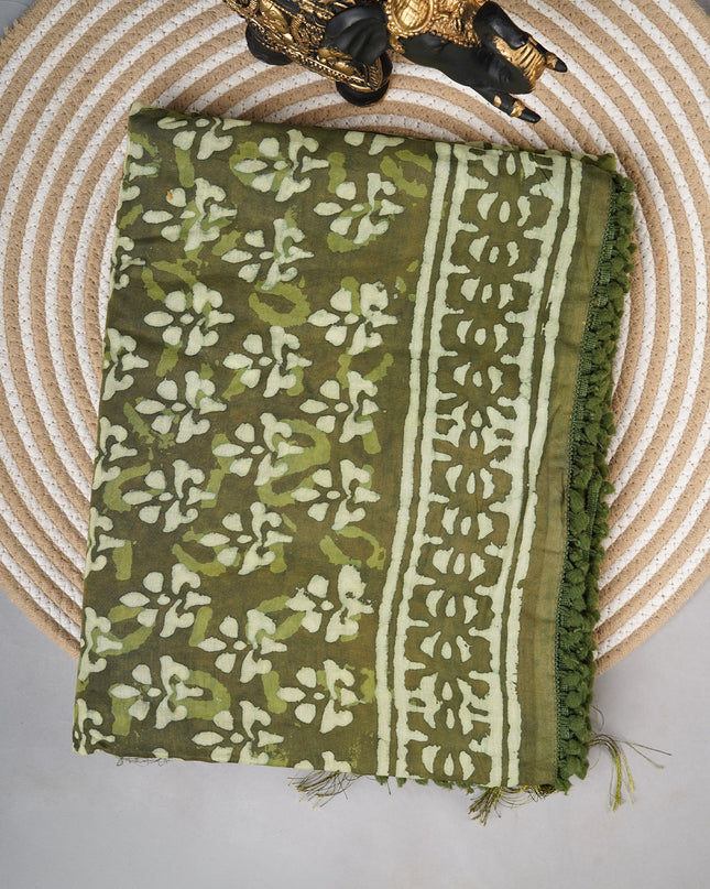 Cotton saree with block print and lace border  - Mehendi Green