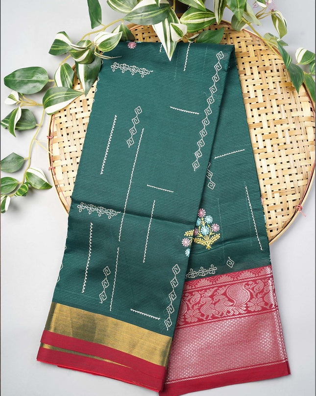 Mangalagiri Silk Saree With Thread Embroidery Butties And Silver Zari - B Green