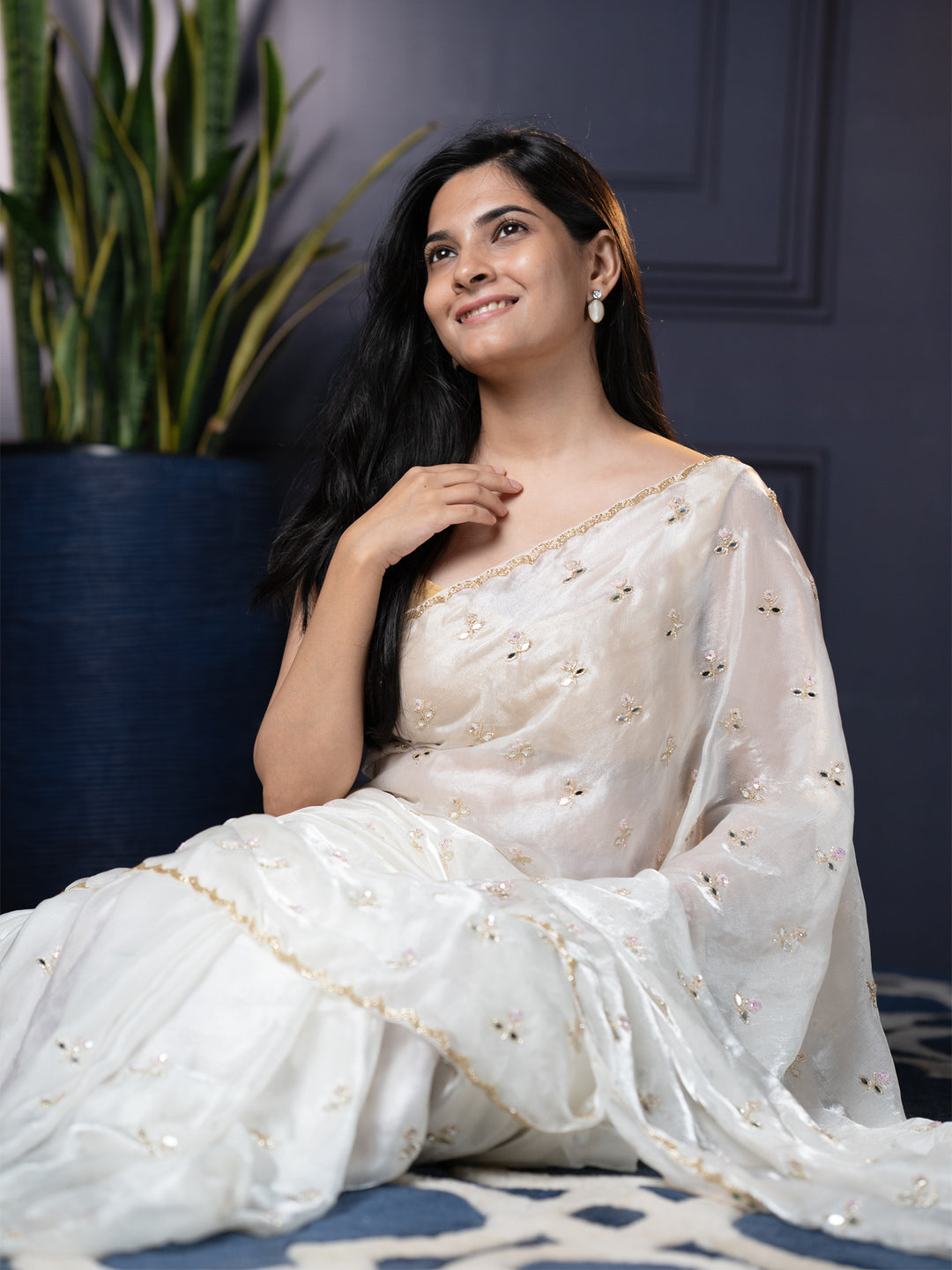 Soft Satin Velvet silk saree With Kardhana  work with Scallop Border -White