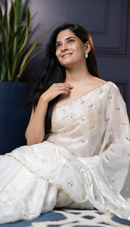 Soft Satin Velvet silk saree With Kardhana  work with Scallop Border -White