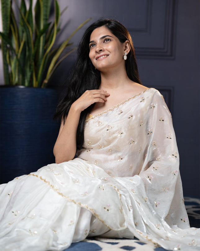 Soft Satin Velvet silk saree With Kardhana  work with Scallop Border -White