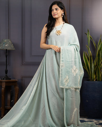Soft Organza Tissue Saree With  Hand Work and Scallop Border- Mint Blue