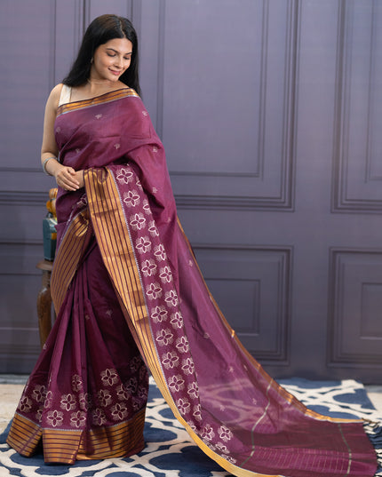 Mangalagiri Silk Saree  Embroidery Work With Zari  Border-Wine