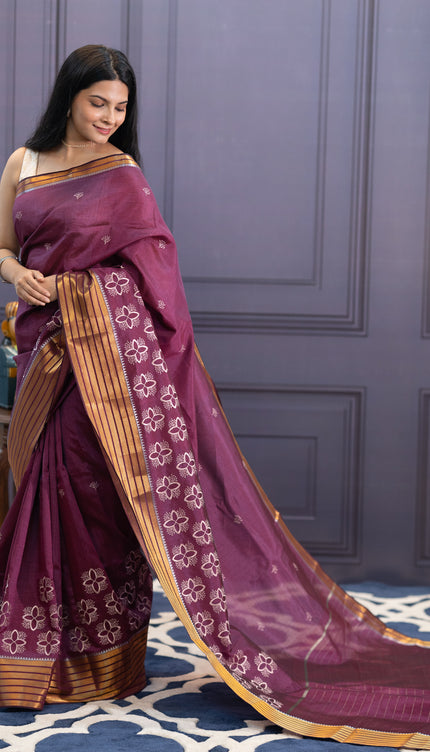 Mangalagiri Silk Saree  Embroidery Work With Zari  Border-Wine