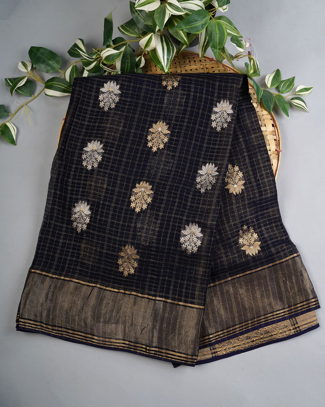 Kaddi Georgette Saree With Gold Butties And Kaddi Border - Black