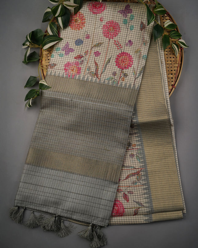 Tusser Weaving Checks Floral Print with Golden Border- White Green