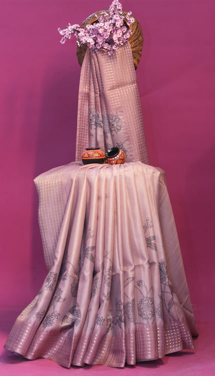 Tussar silk saree floral print with weaving check border - Onion Pink