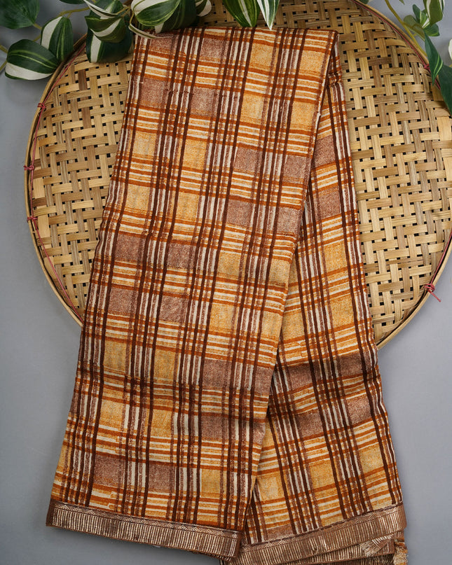 Muslin Silk With Gold Zari Border - Brown