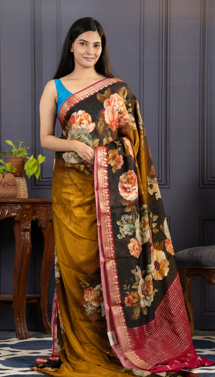 Korean crepe Saree with Floral Print With Golden Border- Mehandi Green