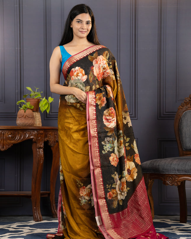 Korean crepe Saree with Floral Print With Golden Border- Mehandi Green
