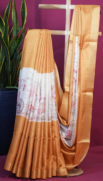 Tussar silk saree with digital print zari border - Mustard