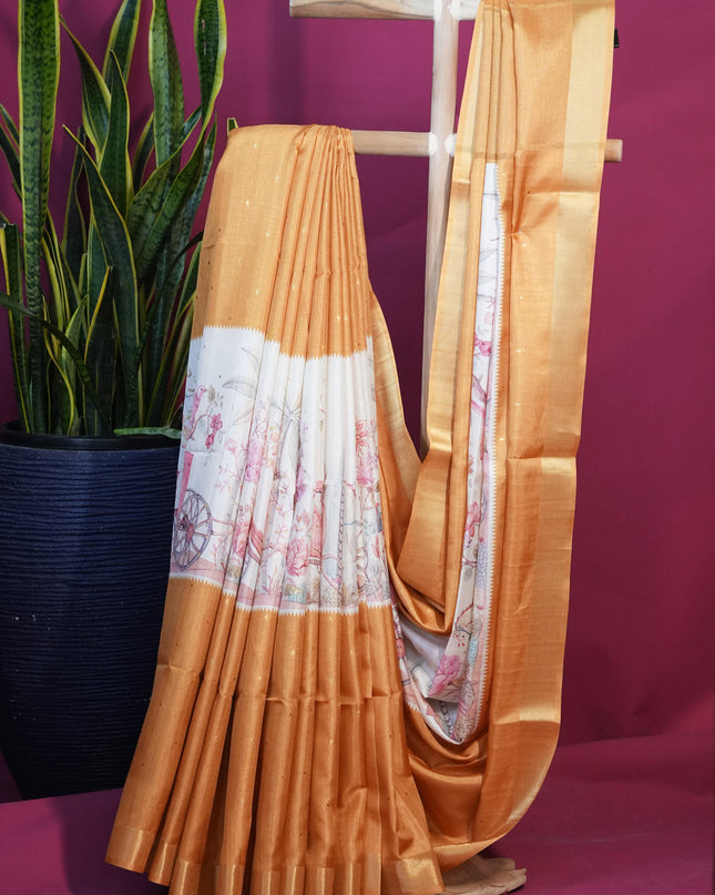 Tussar silk saree with digital print zari border - Mustard