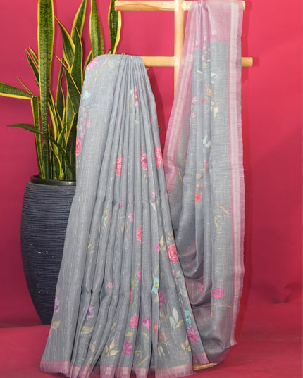 Linen silk saree floral Print contrast Border - Grey
