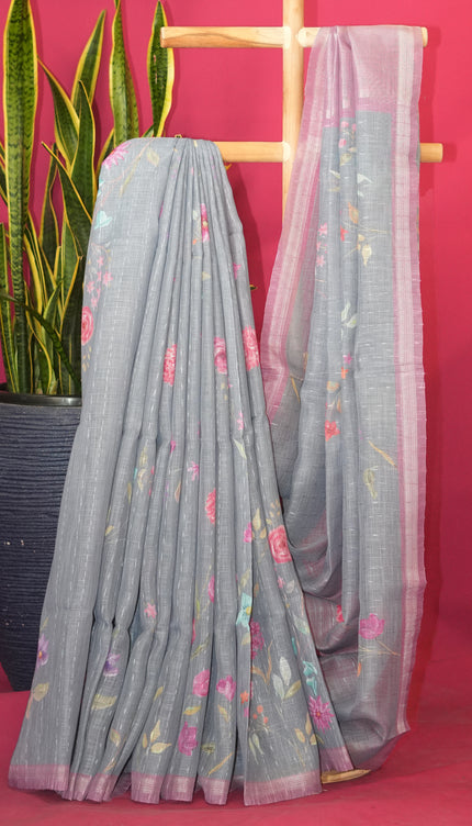 Linen silk saree floral Print contrast Border - Grey