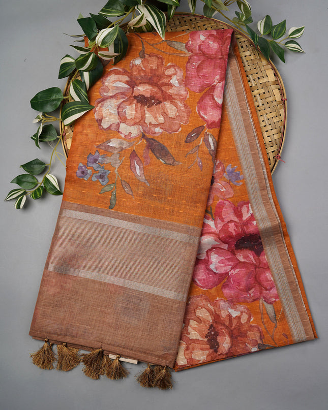 Linen Silk Floral Pallu With Silver Zari Border - Mustard
