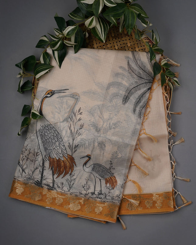 Kota Silk Saree With Digital Print And Contrast Border - Cream