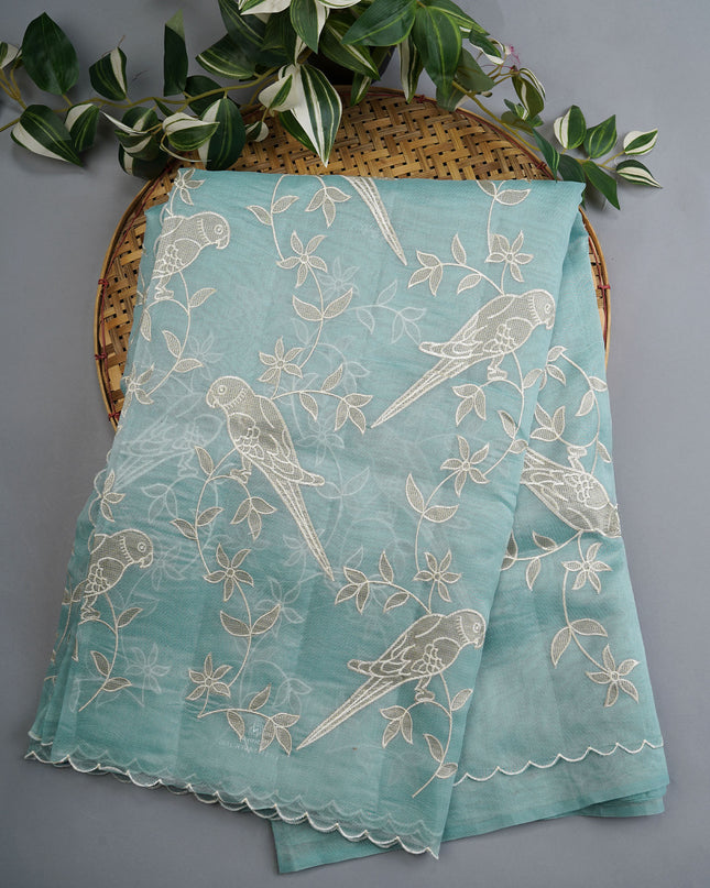 Linen Tissue Saree With Applique Work And Scallop Border - Sky Blue