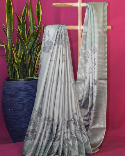 Tussar silk saree floral print with weaving check border - Mint Green