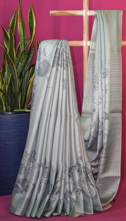 Tussar silk saree floral print with weaving check border - Mint Green