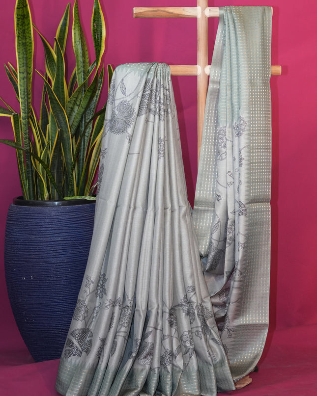 Tussar silk saree floral print with weaving check border - Mint Green