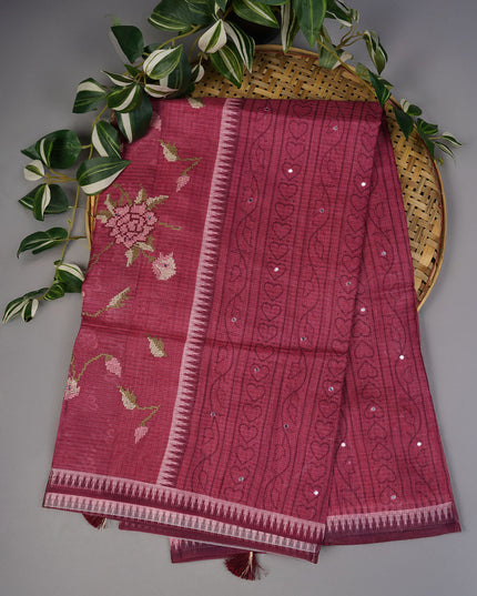 Silk Kota Lehariya Design With Mirror Work - Magenta