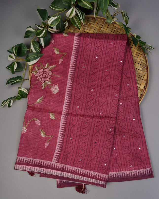 Silk Kota Lehariya Design With Mirror Work - Magenta