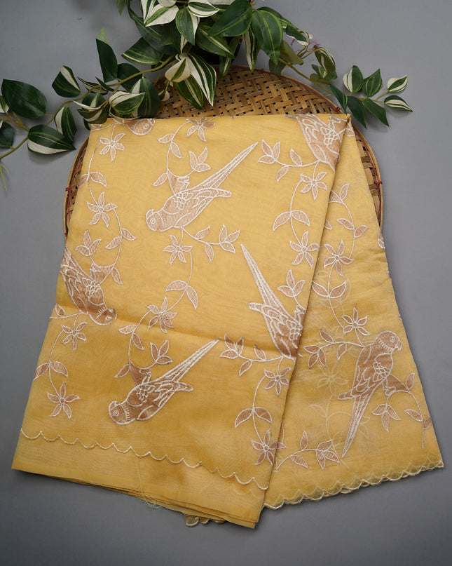 Linen Tissue Saree With Applique Work And Scallop Border - Light Yellow