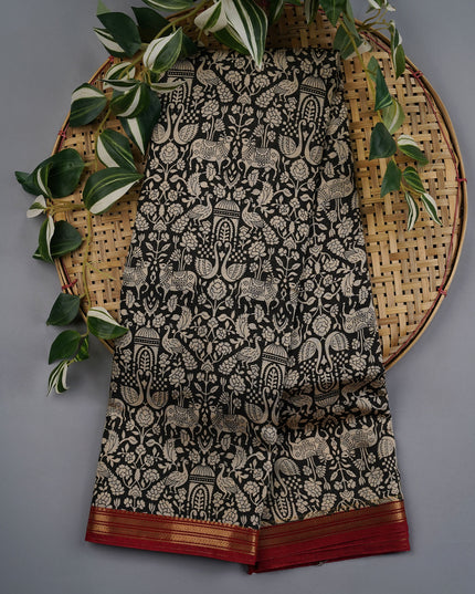 Muslin Silk Allover Digital Print with Contrast Border- Black