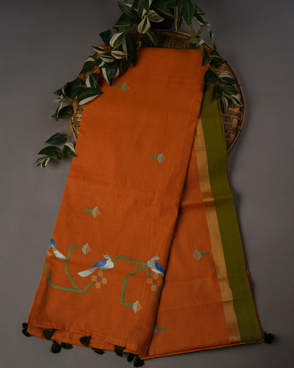 Handloom Cotton Thread Embroidery Butties Gold Border - Mustard