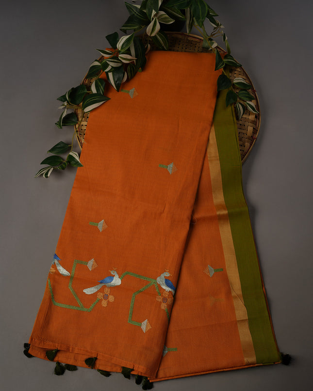 Handloom Cotton Thread Embroidery Butties Gold Border - Mustard