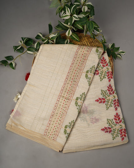 Semi Tussar Kantha With Knot Work - Off White