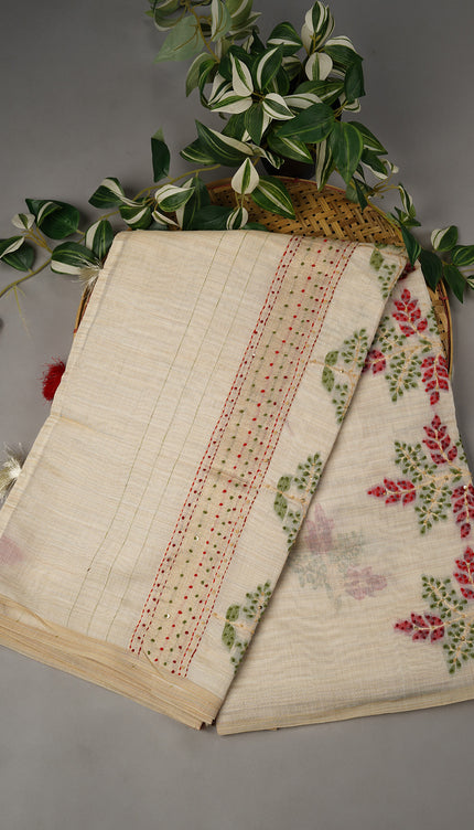 Semi Tussar Kantha With Knot Work - Off White