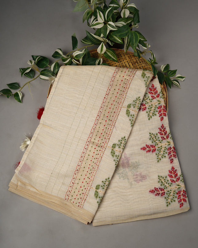 Semi Tussar Kantha With Knot Work - Off White