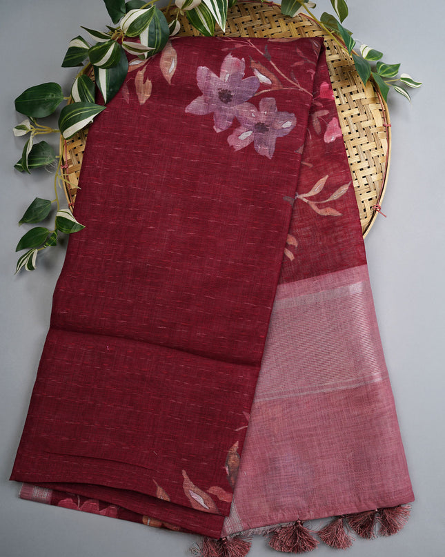 Linen Silk Floral Pallu With Silver Zari Border - Maroon