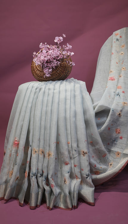 Tissue linen silk saree floral print with not work - Light Blue