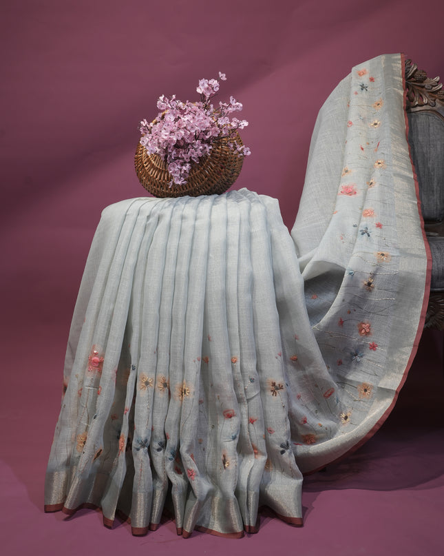 Tissue linen silk saree floral print with not work - Light Blue