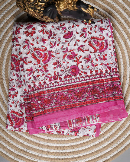 Mul cotton saree with floral  block printed and contrast border - white