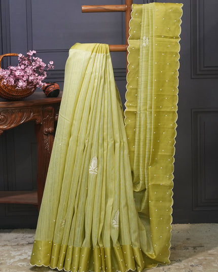 Jute Tusser Silk Saree with Satin Border and Pearl work Butties - Sea Green