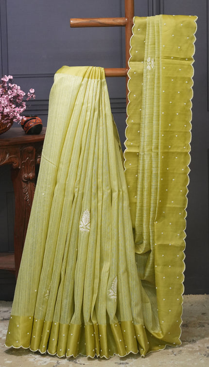 Jute Tusser Silk Saree with Satin Border and Pearl work Butties - Sea Green